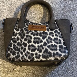 Wrangler Black and White Leopard-Print Satchel with Brown Logo Patch